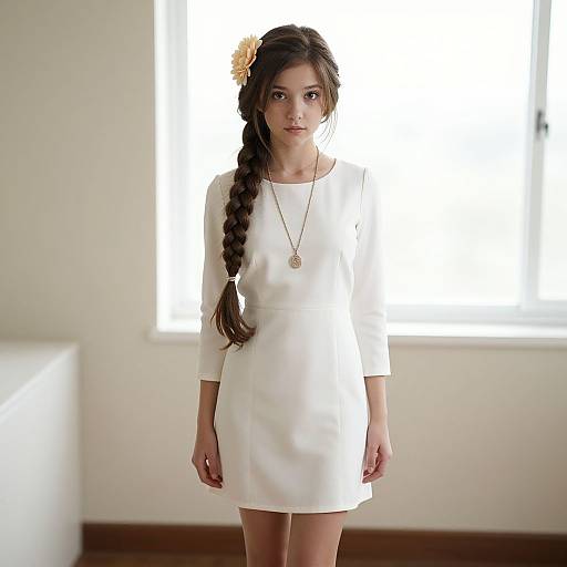 Photograph of a young woman with long, braided brown hair, wearing a white, long-sleeve mini dress and gold necklace, standing in