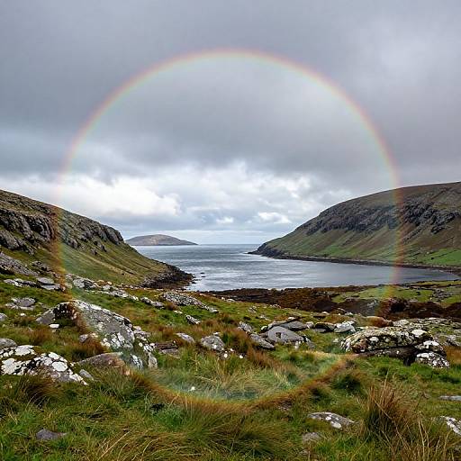 Photograph of a lush, rocky landscape with a vibrant rainbow arching over a serene, cloudy sky and a reflective lake.