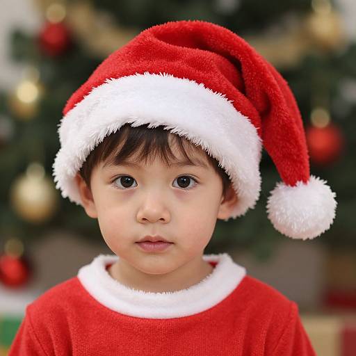 Photograph of a young boy with fair skin, black hair, wearing a red Santa hat and red sweater, standing in front of a blurred Christmas tree