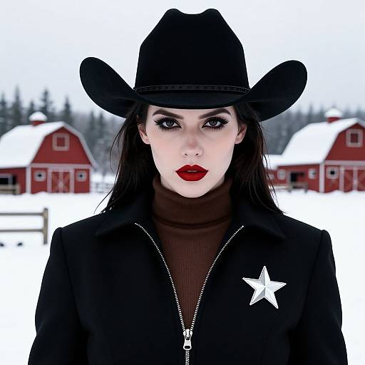 Photograph of a pale-skinned woman with black hair, red lipstick, wearing a black cowboy hat and jacket with star pin, standing in front of
