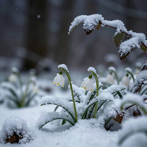 Snow-Covered Flowers in Winter Forest