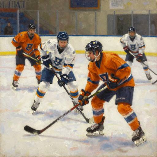 Photograph of an ice hockey game: Four players in orange and white uniforms, with black helmets, skate on the ice, holding sticks, focused on