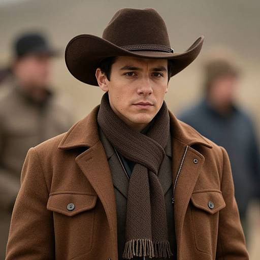 Photograph of a serious young man with fair skin, dark hair, wearing a brown cowboy hat, brown coat, and dark scarf, blurred background with