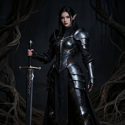 Digital artwork of a dark-haired, elven woman in shiny black armor, holding a silver sword, set against a dark, root-filled background.