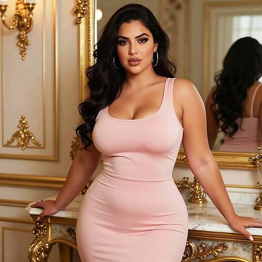 Photograph of a curvy woman with long, wavy black hair, wearing a tight, pale pink dress, standing in an ornate gold and