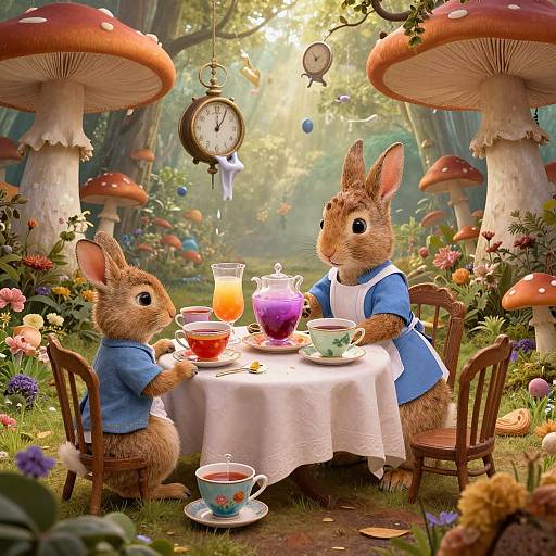 Whimsical illustration: Two anthropomorphic rabbits in blue shirts and white aprons, tea set, clock, giant mushrooms, colorful flowers, and sunlight