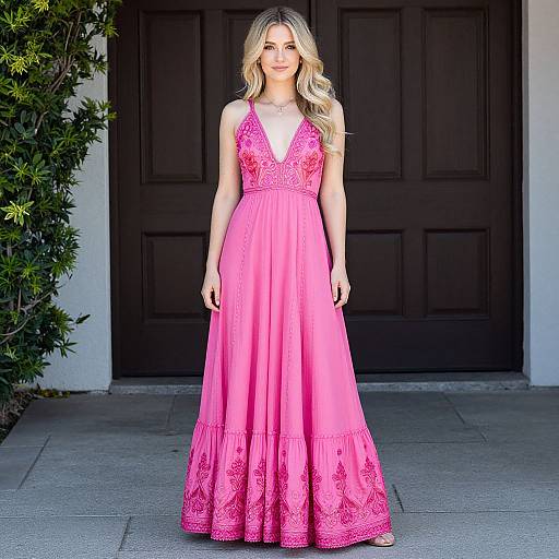 Blonde woman in a pink, lace-trimmed, sleeveless gown with a deep V-neck stands in front of a black door, surrounded by