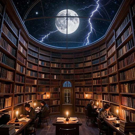 Photograph of a library with celestial moon and lightning, surrounded by bookshelves, four people writing at desks, candles lit.