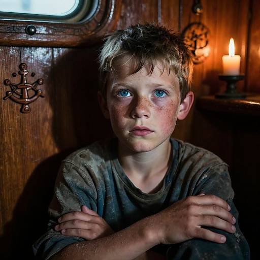 Photograph of a young boy with messy blonde hair, blue eyes, freckles, and dirty grey shirt, arms crossed, sitting in dimly