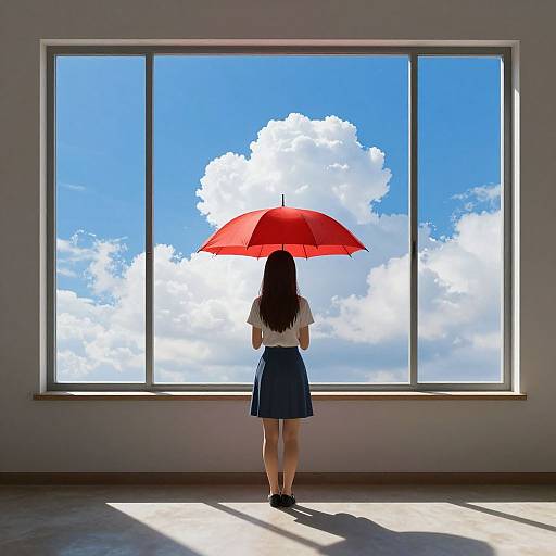 Photograph of a woman with long black hair, white blouse, and blue skirt, holding a red umbrella, standing before a large window with a bright