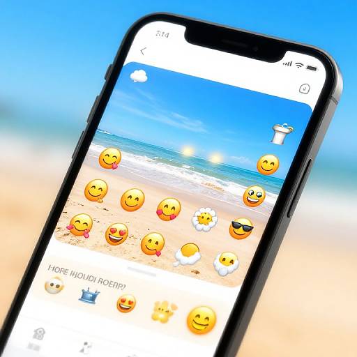 Photograph of a black smartphone with a bright beach-themed wallpaper featuring smiley faces, against a blurred beach and sky background.