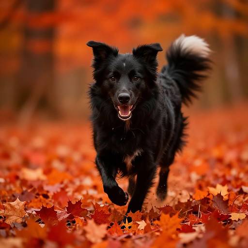 Photograph of a black and white Border Collie joyfully running through a vibrant, autumn forest filled with red and orange leaves.