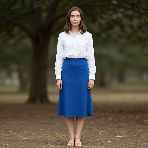 Photograph of a young woman with straight brown hair, wearing a white blouse and blue knee-length skirt, standing on a park path with blurred trees in