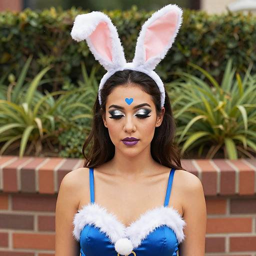 Woman in Blue Bunny Costume with Dramatic Makeup