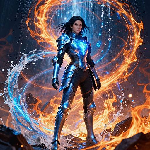 Digital artwork of a fierce, dark-haired woman in blue and silver armor, surrounded by swirling blue and orange flames, standing confidently amidst a rocky landscape.