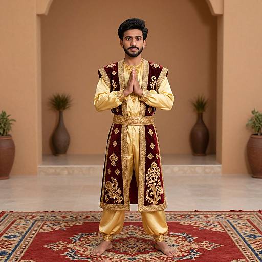 Photorealistic image of a bearded South Asian man in traditional golden and maroon Punjabi attire, standing barefoot on a red patterned rug
