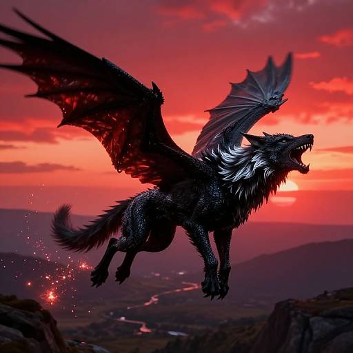 Dragon Wolf Hybrid Soaring at Sunset