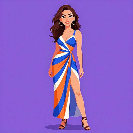 Digital illustration of a woman with long brown hair, wearing a colorful, one-shoulder, wrap dress with blue, orange, and white stripes,
