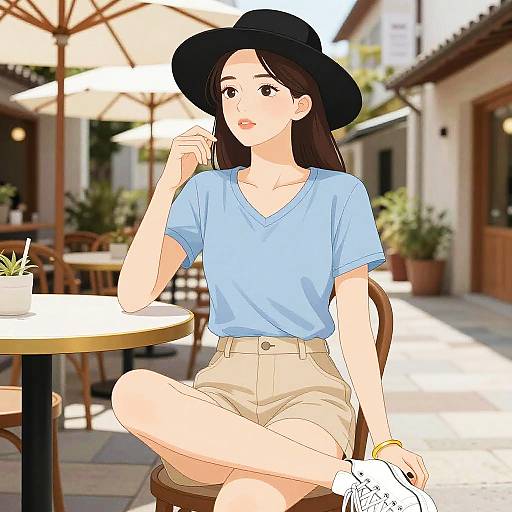 Digital anime-style drawing of a young woman with long brown hair, wearing a black hat, light blue V-neck shirt, beige shorts, and white sneakers