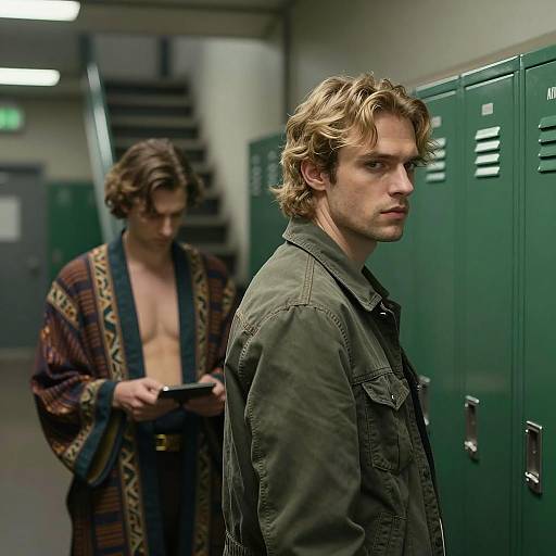 Intense Moment in Industrial Hallway