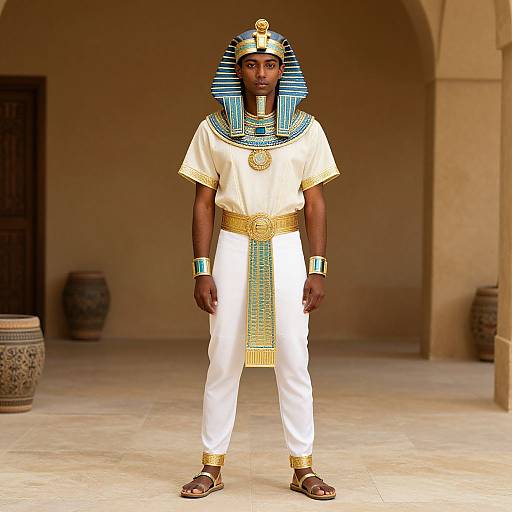 Photograph of a Black man in an Egyptian pharaoh costume with blue-striped nemes headdress, white tunic, gold accents, sandals, standing