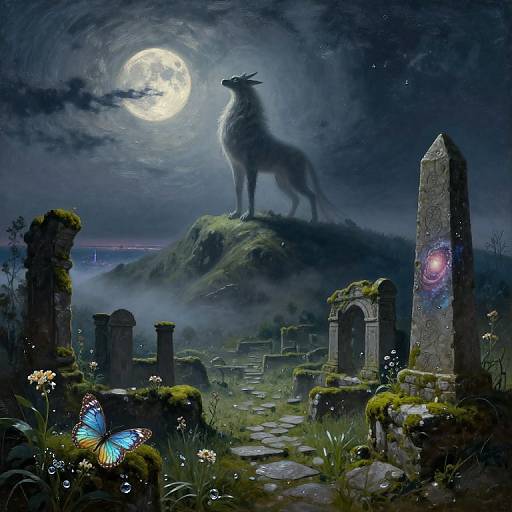 Fantasy moonlit scene: howling wolf silhouetted on hill, surrounded by mossy gravestones, vibrant blue butterfly, glowing orb