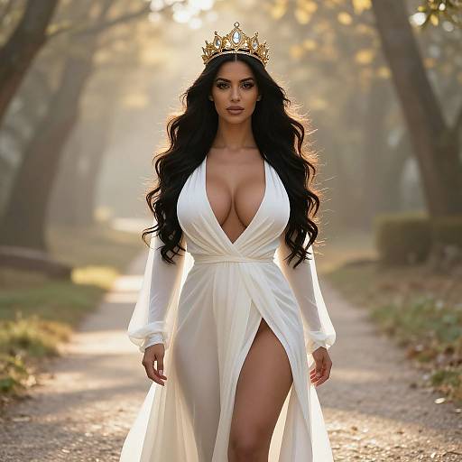 Photorealistic image of a voluptuous woman with long black hair, wearing a white, deep V-neck, sheer dress, and a gold crown,