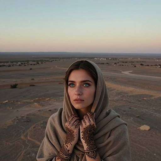 Photograph of a young woman with blue eyes, wearing a grey hooded cloak and intricate henna-patterned gloves, standing in a desolate,