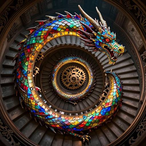 Photograph of a spiral staircase with a vibrant, multicolored dragon mosaic head encircling the center, illuminated by warm light.
