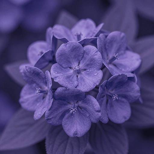 Monochromatic photograph of blue-purple hydrangea flowers with delicate water droplets on petals, surrounded by blurred leaves, emphasizing texture and depth.