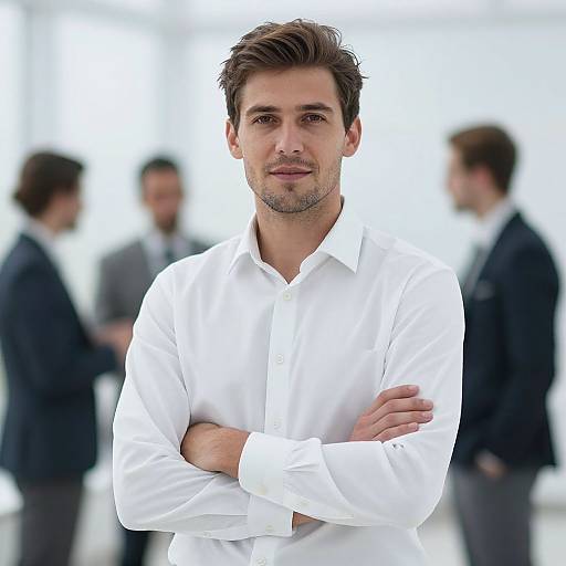 Photograph of a confident, brown-haired man with light stubble, wearing a white dress shirt, arms crossed, standing in a bright, blurred office