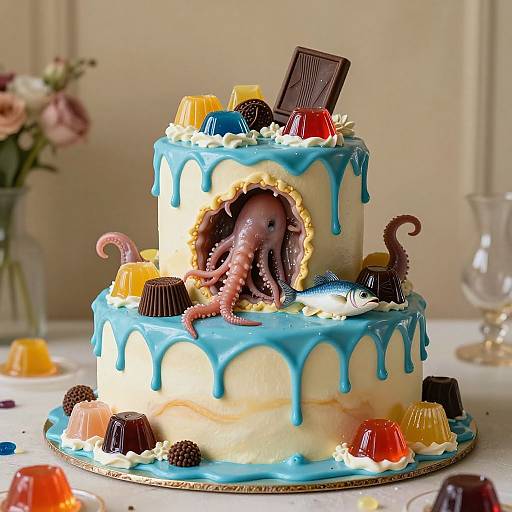 Photograph of a surreal, two-tiered cake with blue icing, octopus emerging from the top layer, and colorful candies, chocolates, and fruit
