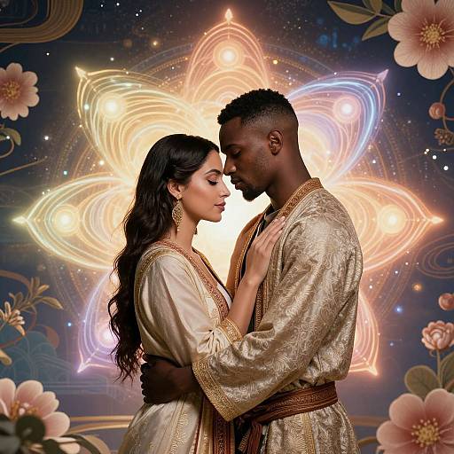 Photograph of an Indian couple in traditional gold saree and sherwani, standing close, gazing into each other's eyes, with a glowing