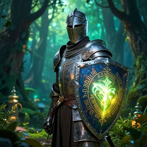 Photorealistic digital art of armored knight with glowing, neon-green emblem on shield, standing in enchanted forest with lush greenery.