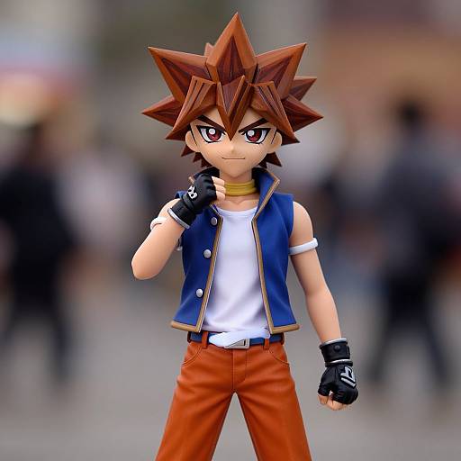 Digital artwork of a spiky-haired anime-style boy with red eyes, wearing a blue vest, white shirt, orange pants, black gloves, and a
