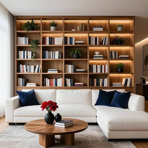 Photograph of a modern living room with white sectional sofa, wooden bookshelf filled with books and plants, round wooden coffee table, and red flowers in