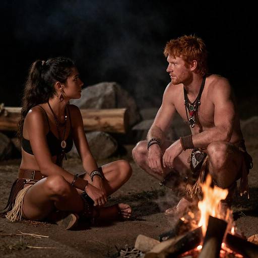 Tribal Couple Sitting by Campfire at Night