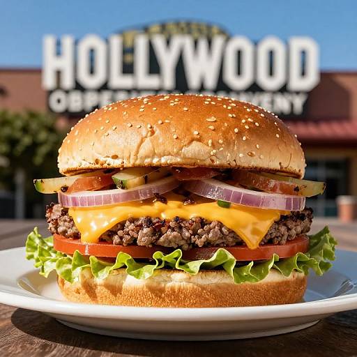 Photograph of a juicy cheeseburger with lettuce, tomato, onion, and cheese, on a white plate, in front of a blurred Hollywood sign.