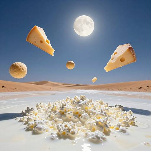 Photograph-style CGI of floating cheese wedges and popcorn against a bright sunlit desert sky with a clear, deep blue background.