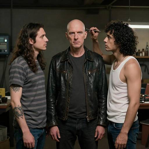 Intense Workshop Scene with Three Men