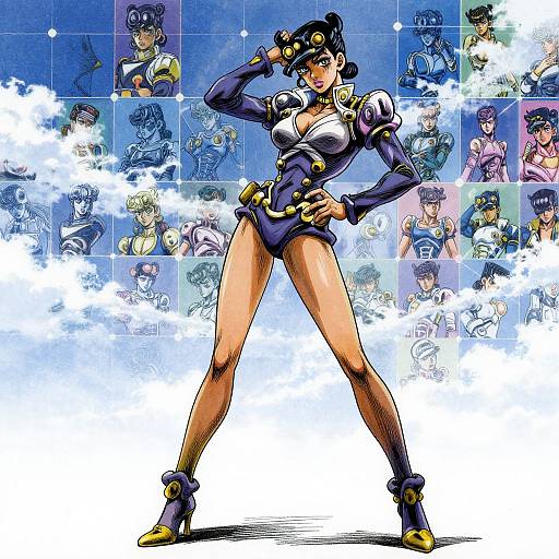 Anime-style digital illustration featuring a confident, curvy woman in a blue, military-inspired outfit with yellow accents, standing against a background of smaller, cloudy