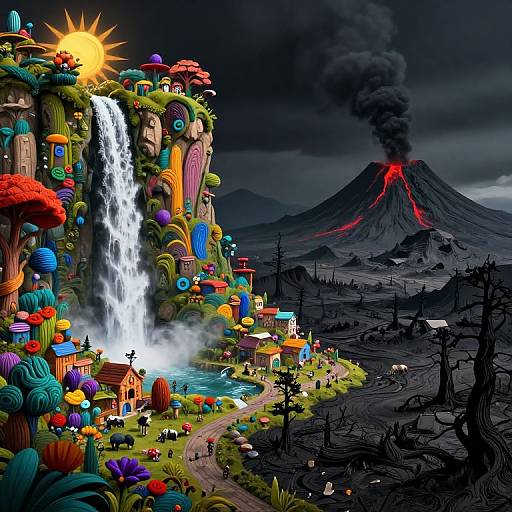 Vividly colored surreal landscape: waterfall cascading down a cliff adorned with vibrant, whimsical houses and plants, contrasted by a dark, sm