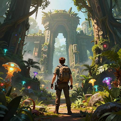 Digital artwork of a soldier with a backpack and gun, standing in a lush, mystical jungle temple with glowing mushrooms and sunlight filtering through ancient archways.