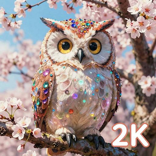 Fantasy Owl Adorned with Colorful Gems on Cherry Blossom Branch