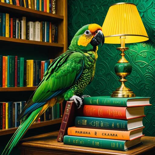 Colorful Parrot Perched on Books in Library