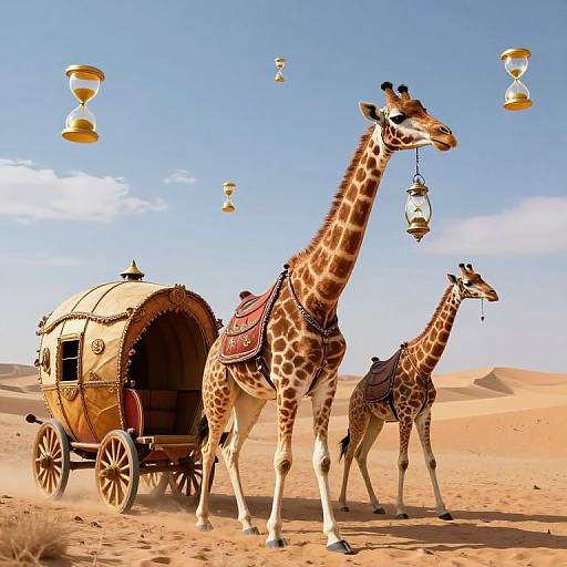 Photograph of two giraffes with saddles standing beside a vintage caravan in a desert, with floating hourglasses in a clear blue sky.