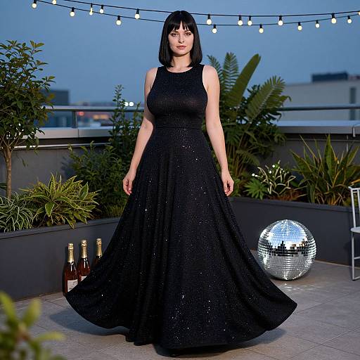 Photograph of a fair-skinned woman with black bob haircut, wearing a sparkling black ball gown, standing on a rooftop patio with string lights, plants