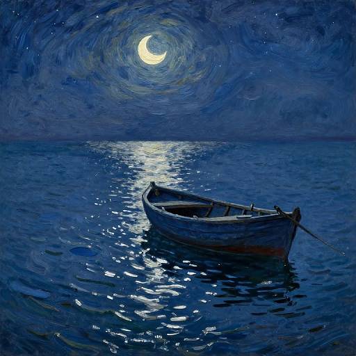 Digital painting of a wooden boat floating on a dark blue, moonlit sea, with a bright crescent moon shining overhead.
