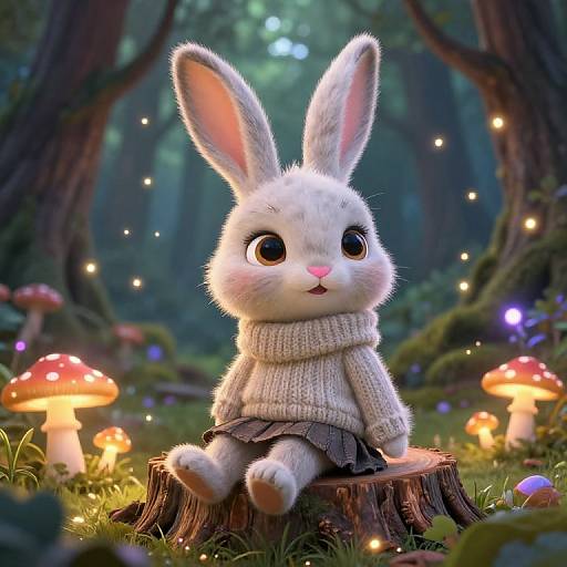 Digital artwork of a cute white bunny with large eyes, wearing a knitted sweater and skirt, sitting on a tree stump in a magical forest with glowing