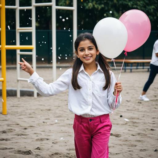 Smiling Girl Holding Balloons in Playground